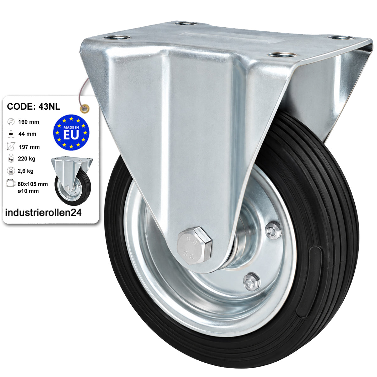 Metall-Gummiräder mit Platte Bockrolle Ø160 mm mit Platte Code: 43NL