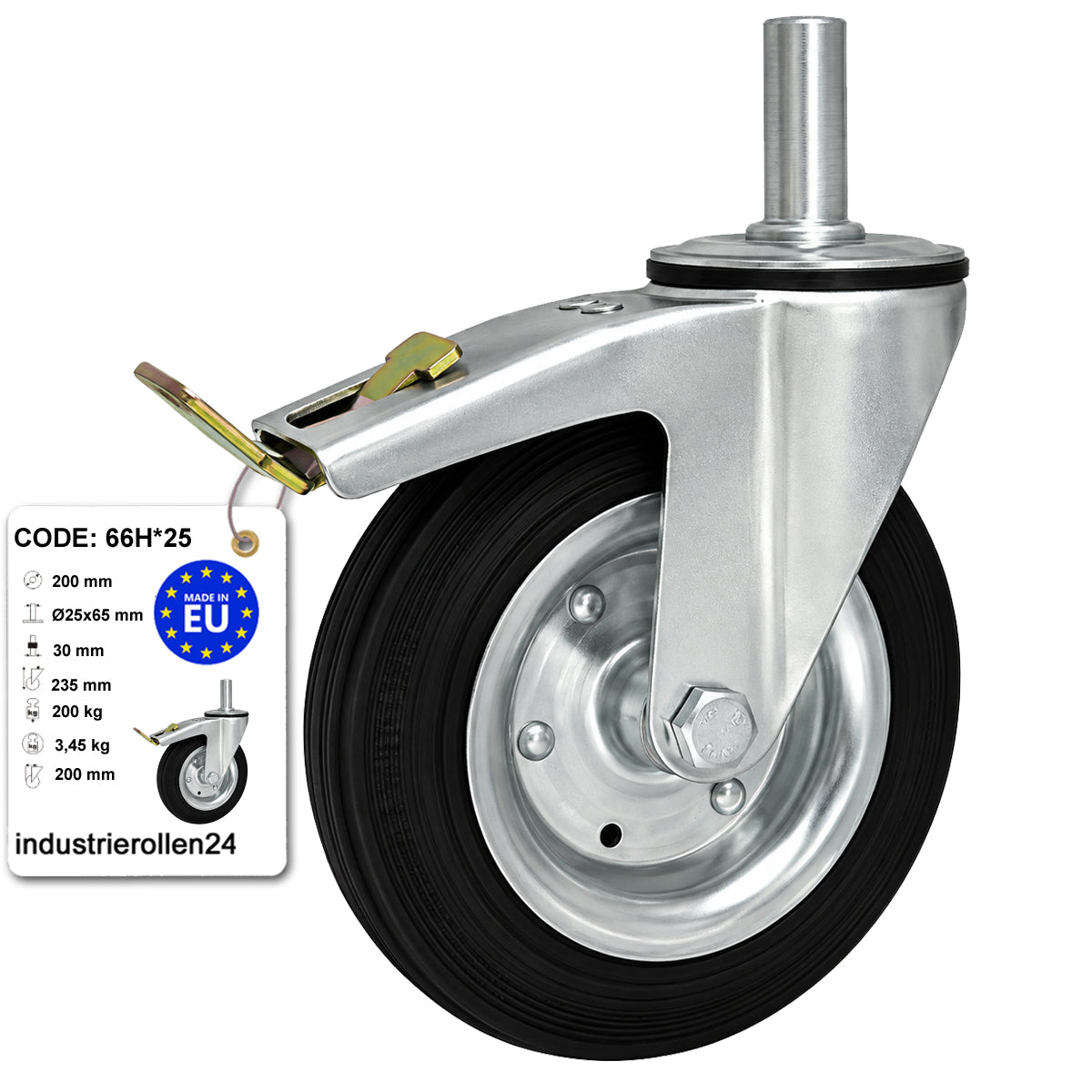 Metall-Gummiräder mit Befestigungsstift und Bremse Lenkrollen  Ø200 mm Code: 66H*25