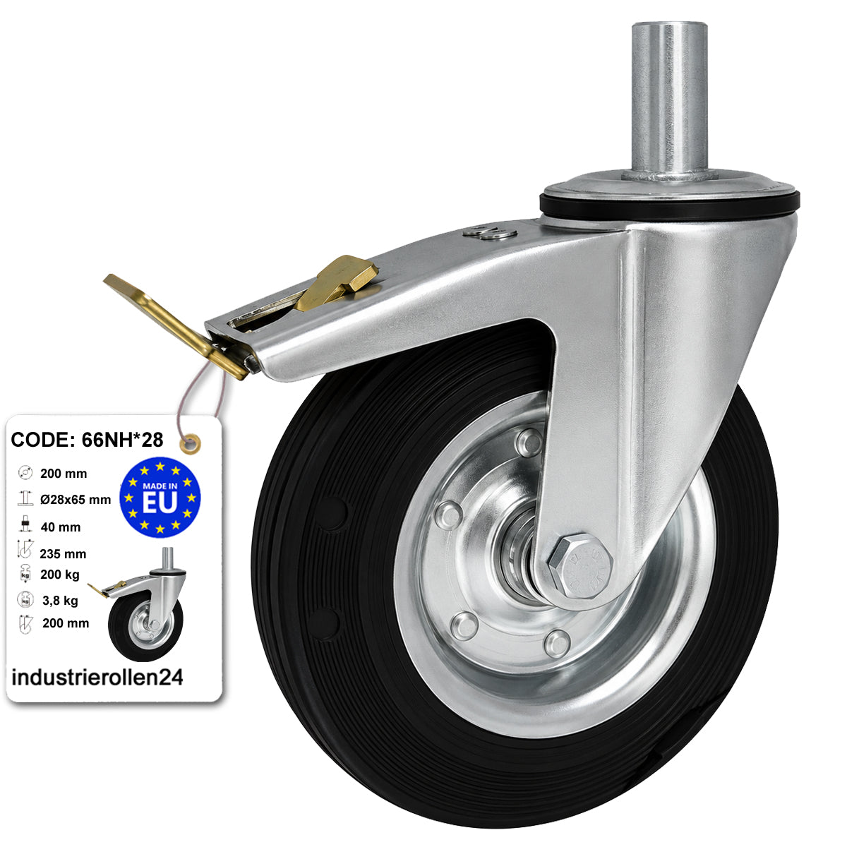 Metall-Gummiräder mit Befestigungsstift und Bremse Lenkrollen  Ø200 mm Code: 66NH*28