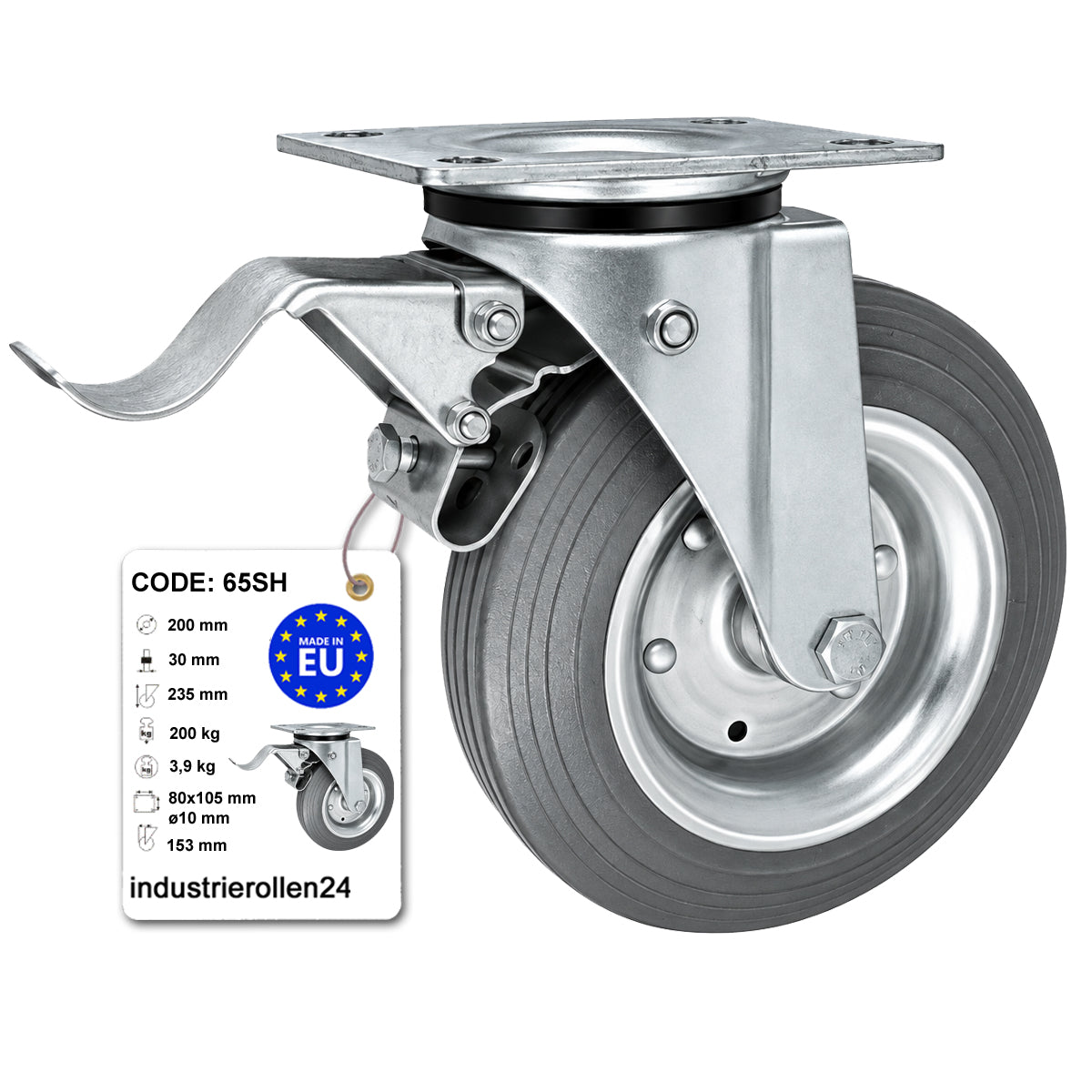 Metall-Gummiräder mit Befestigungsplatte und Bremse Lenkrolle Ø200 mm Code: 65SH
