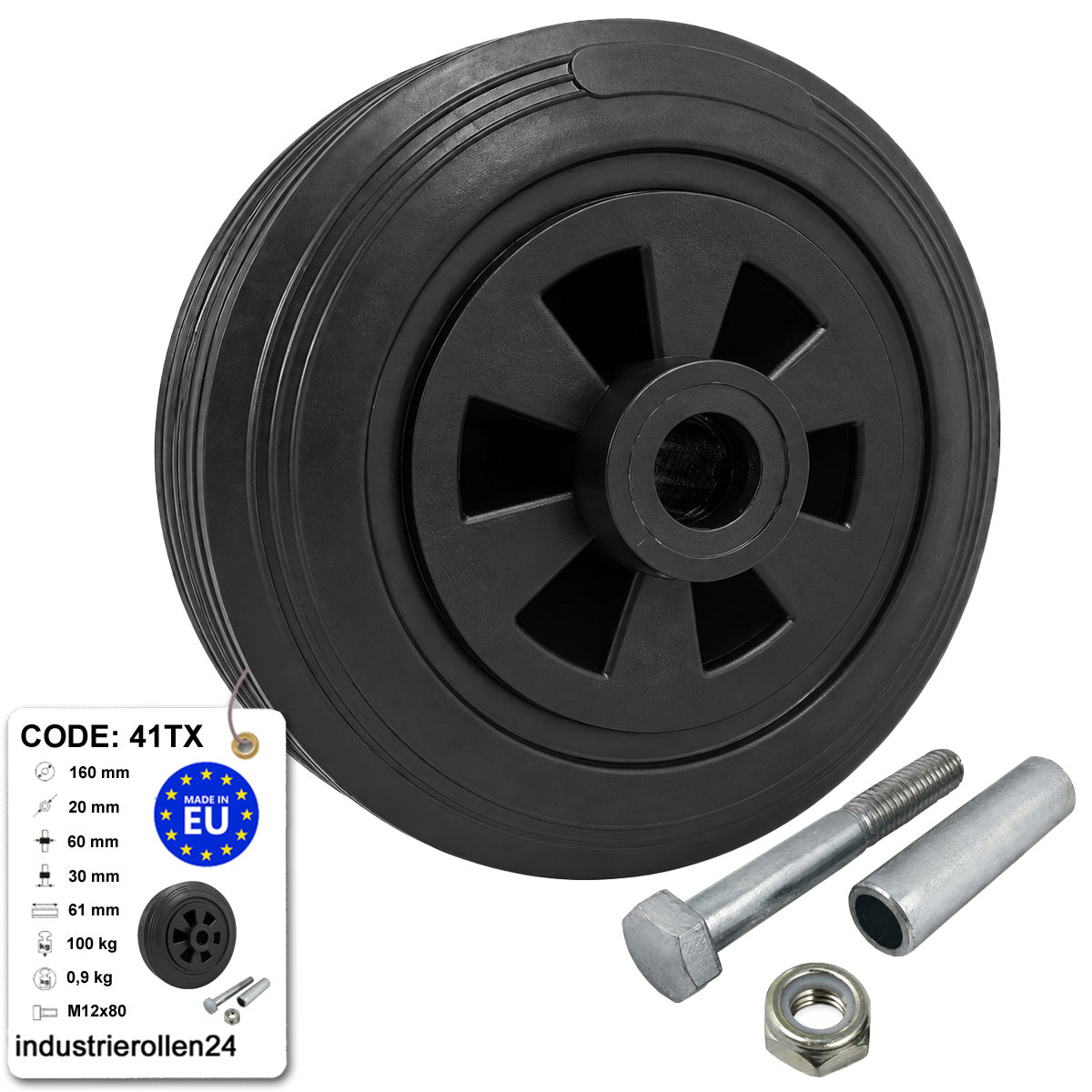 Kunststoff-Gummirrad Ø 160 mm Industrie Gummirad mit Montagesatz Code: 41TX
