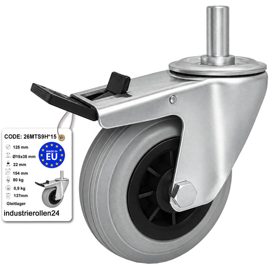 Kunststoff-Gummiräder mit Befestigungsstift und Bremse Lenkrollen  Ø125 mm Code: 26MTS9H*15