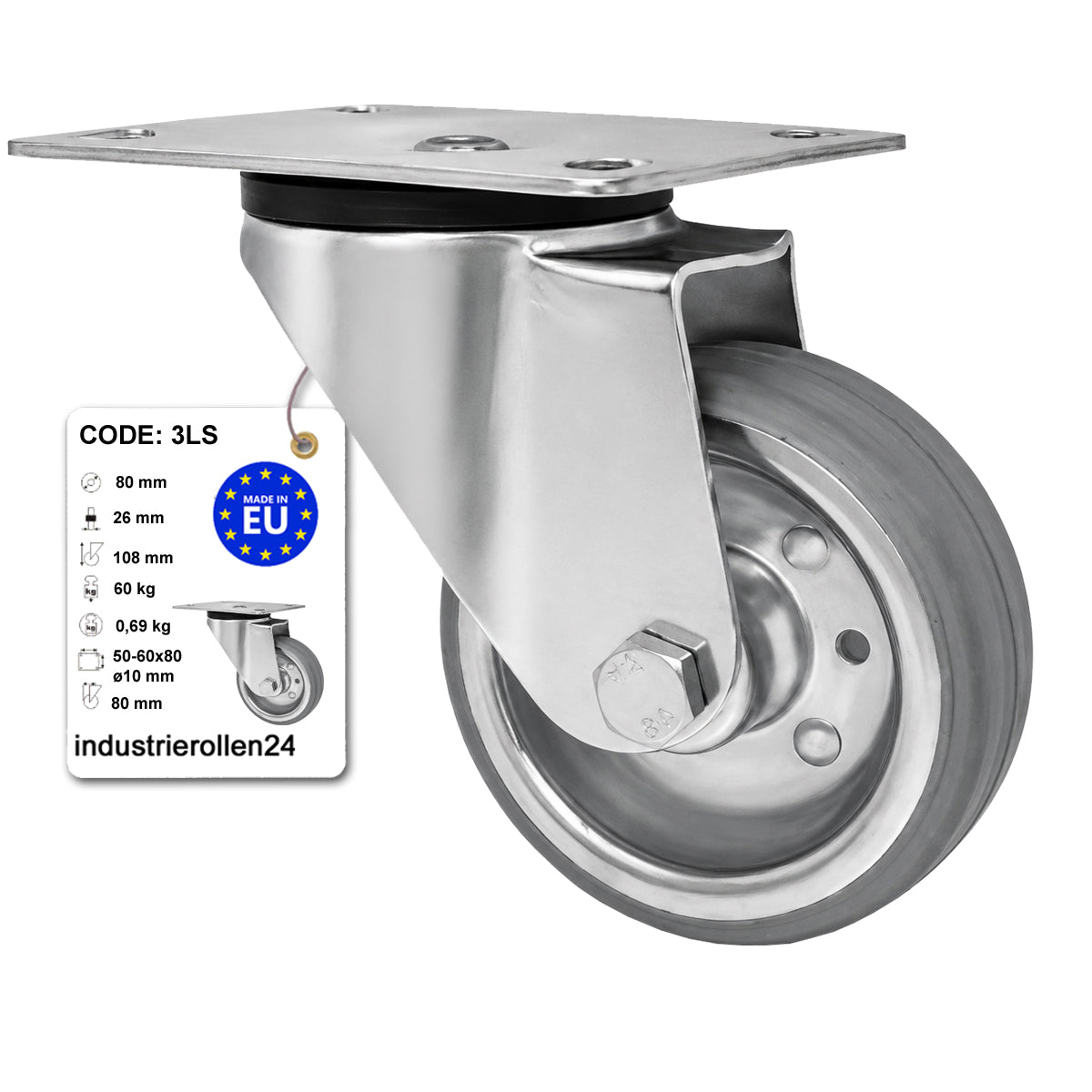 Metall-Gummiräder mit Befestigungsplatte Lenkrolle Ø80 mm mit Platte Code: 3LS