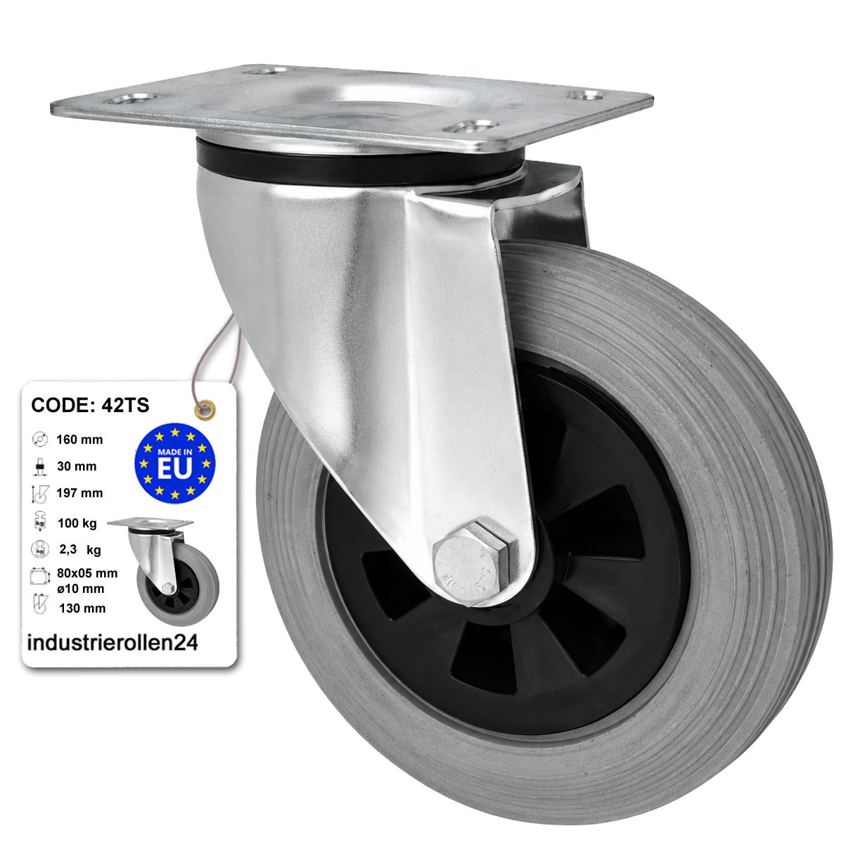 Kunststoff-Gummirrad mit Anschraubplatte Lenkrolle Ø160 mm mit Platte Code: 42TS