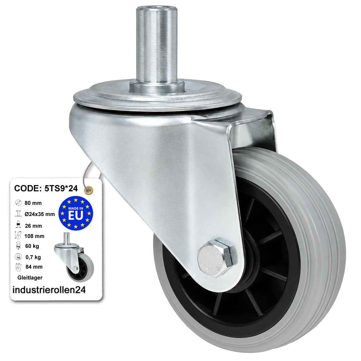 Kunststoff-Gummiräder mit Befestigungsstift Lenkrollen Ø80 mm Code: 5TS9*24