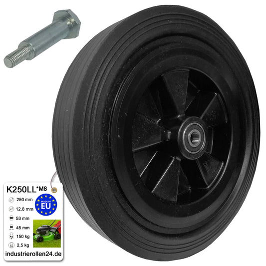Rasenmäherrad 250 mm – Universal Ersatzrad aus Vollgummi mit Kugellager + Montage-Set, Code: K250LL*M8