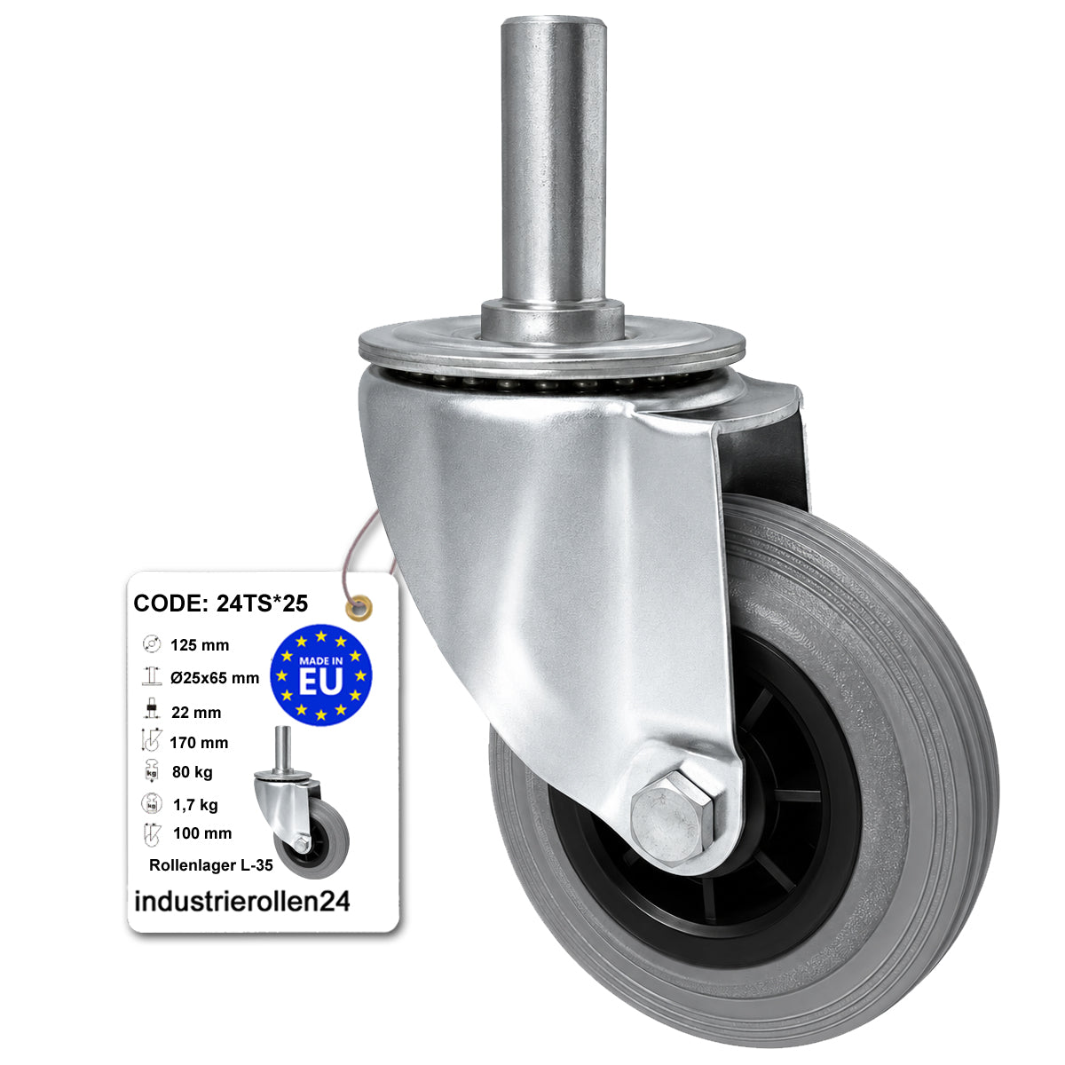 Kunststoff-Gummiräder mit Befestigungsstift Lenkrollen Ø125 mm Code: 24TS*25