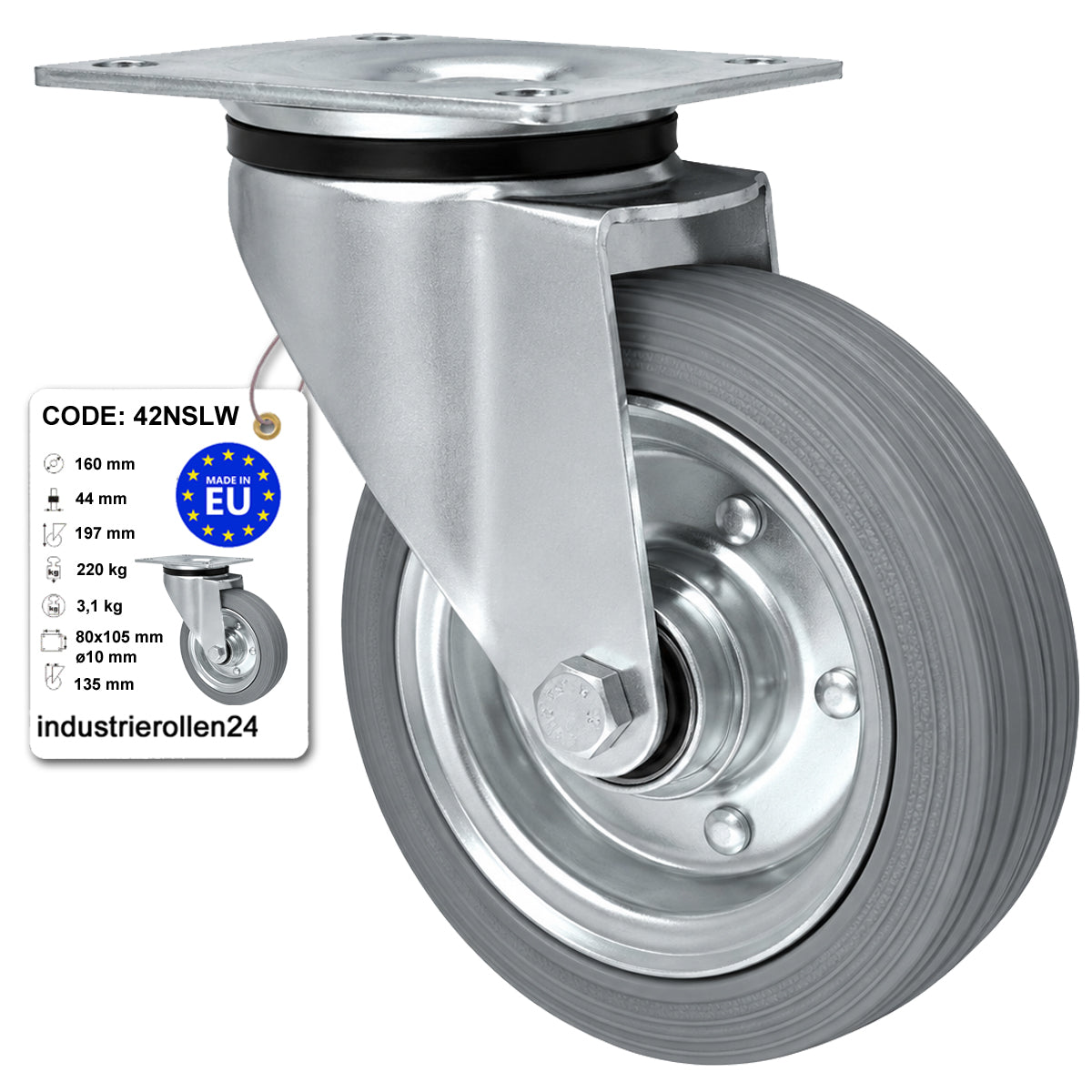 Metall-Gummiräder mit Befestigungsplatte Lenkrolle Ø160 mm mit Platte Code: 42NSLW