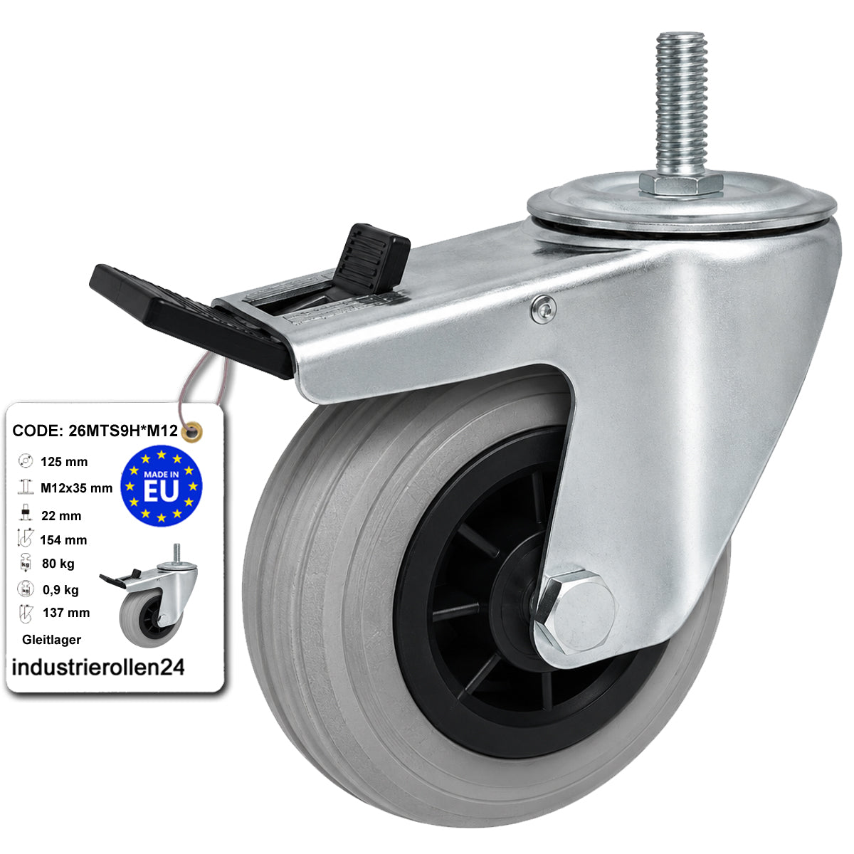 Kunststoff-Gummiräder mit Befestigungsstift und Bremse Lenkrollen  Ø125 mm Code: 26MTS9H*M12