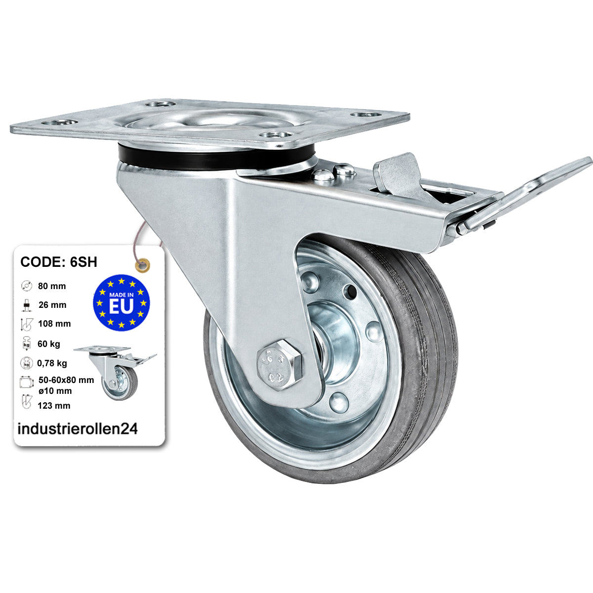 Metall-Gummiräder mit Befestigungsplatte und Bremse  Lenkrolle Ø80 mm Code: 6SH