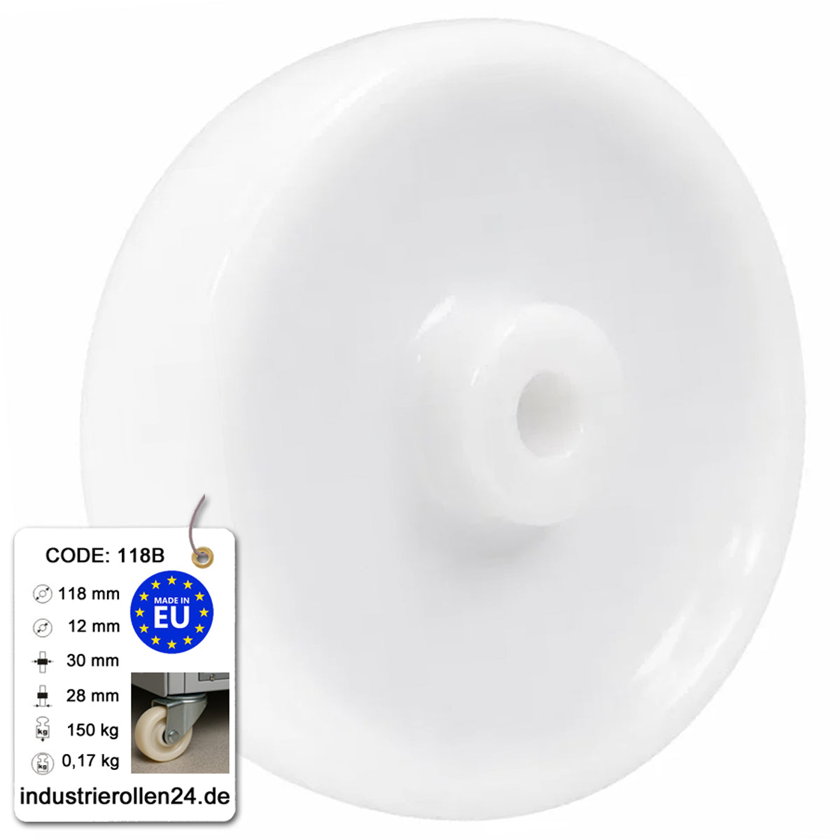 Transportrad Ø118 mm – Weißes Polyamidrad für Wagen, Code: 118B