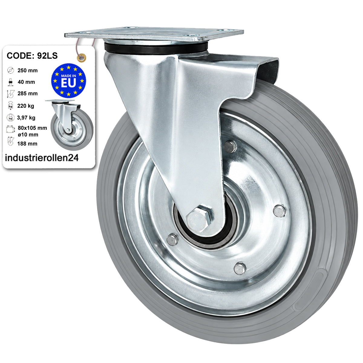Metall-Gummiräder mit Befestigungsplatte Lenkrolle Ø250 mm mit Platte Code: 92LS