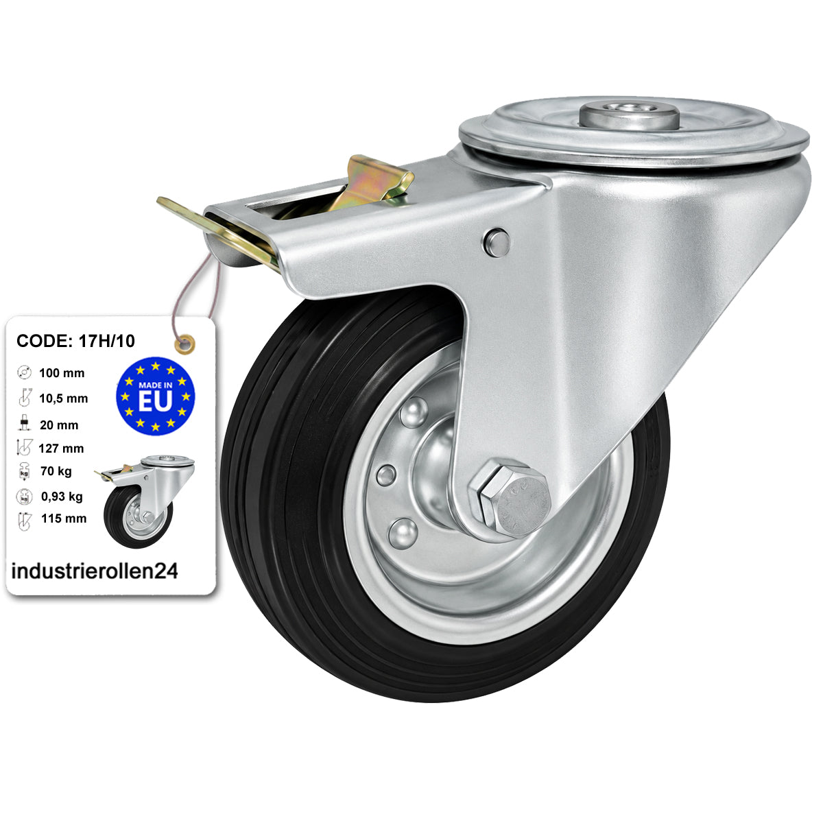 Metall-Gummiräder mit Befestigungsstift mit Zentralbohrung und Bremse Ø100 mm Code: 17H/10