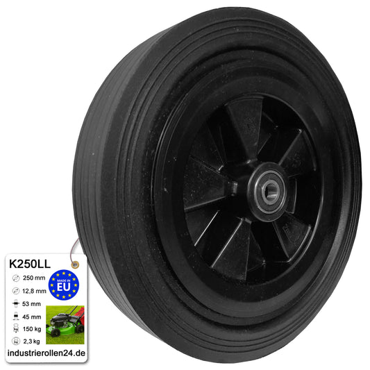 Rasenmäherrad 250 mm – Universal Ersatzrad aus Vollgummi mit Kugellager, Code: K250LL