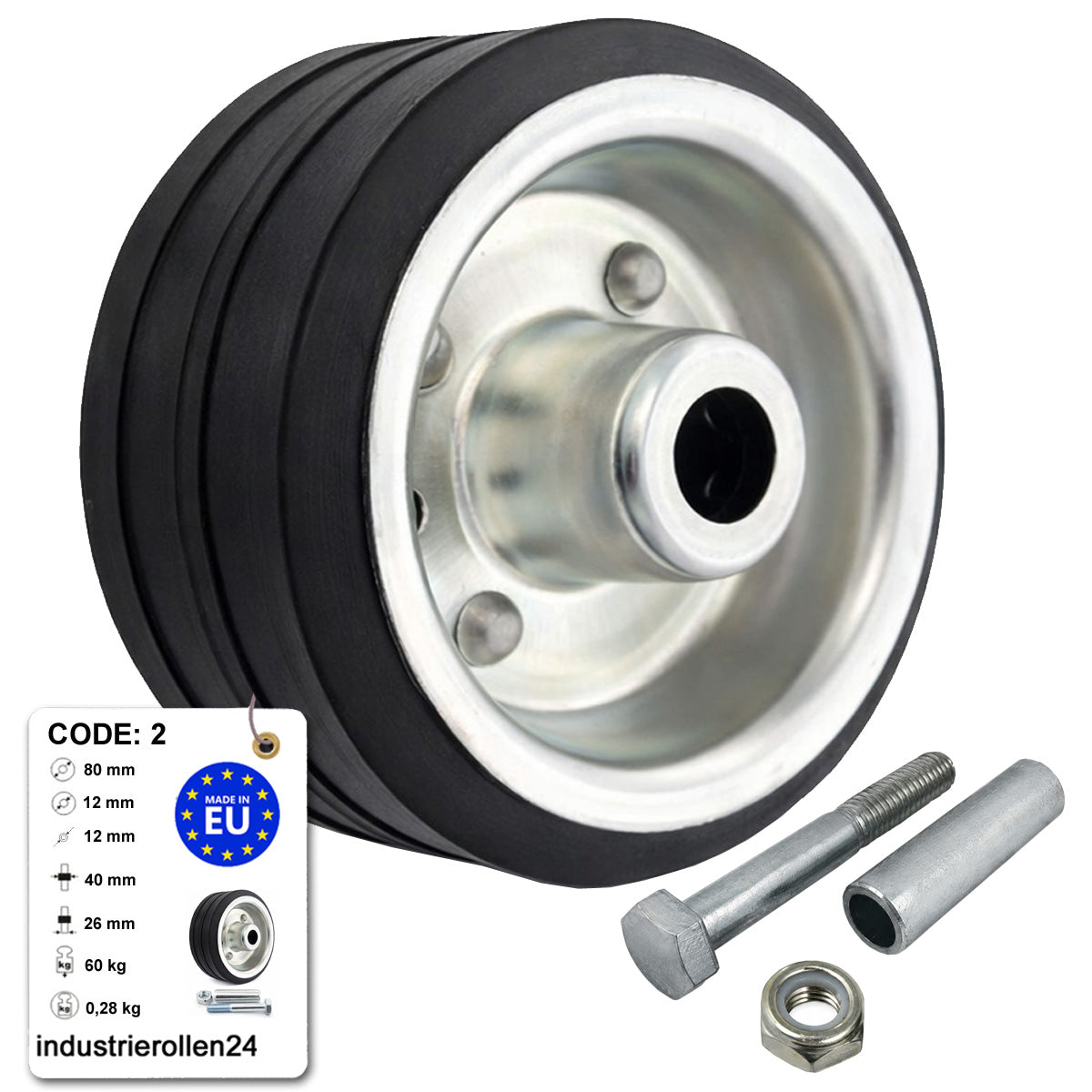 Metall-Gummiräder 80 mm mit Montage-Set – robuste Räder für Transport & Industrie Code: 2