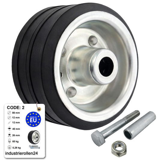 Metall-Gummiräder 80 mm mit Montage-Set – robuste Räder für Transport & Industrie Code: 2