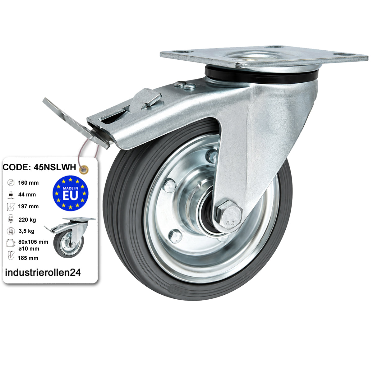 Metall-Gummiräder mit Befestigungsplatte und Bremse Lenkrolle Ø160 mm Code: 45NSLWH