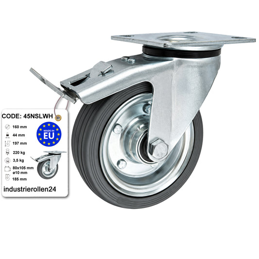 Metall-Gummiräder mit Befestigungsplatte und Bremse Lenkrolle Ø160 mm Code: 45NSLWH