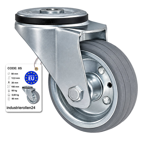 Metall-Gummiräder mit Befestigungsstift mit Zentralbohrung  Ø80 mm Code: 8S