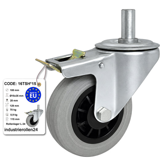 Kunststoff-Gummiräder mit Befestigungsstift und Bremse Lenkrollen  Ø100 mm Code: 16TSH*15