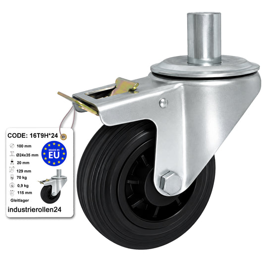 Kunststoff-Gummiräder mit Befestigungsstift und Bremse Lenkrollen  Ø100 mm Code: 16T9H*24