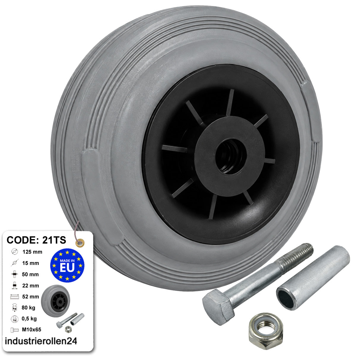 Kunststoff-Gummirrad Ø 125 mm Industrie Gummirad mit Montagesatz Code: 21TS