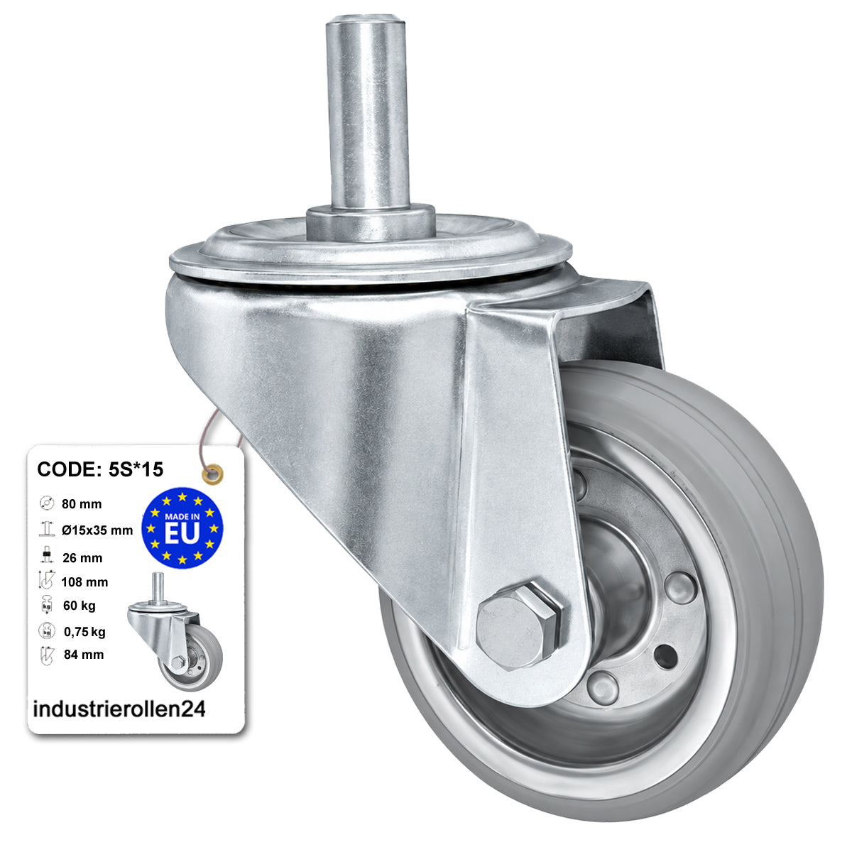 Metall-Gummiräder mit Befestigungsstift Lenkrollen Lenkrollen Ø80 mm Code: 5S*15