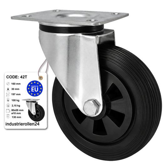 Kunststoff-Gummirrad mit Anschraubplatte Lenkrolle Ø160 mm mit Platte Code: 42T