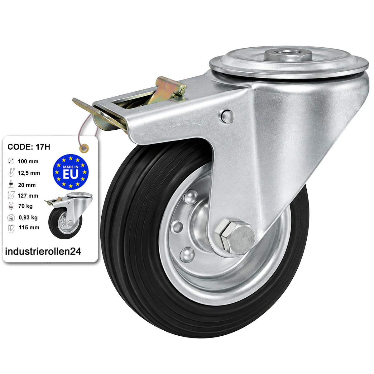 Metall-Gummiräder mit Befestigungsstift mit Zentralbohrung und Bremse Ø100 mm Code: 17H