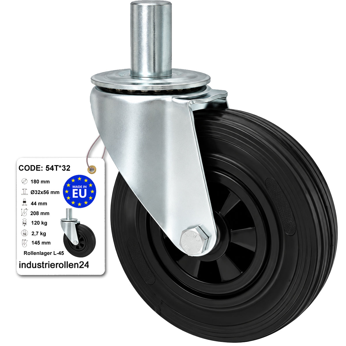 Kunststoff-Gummiräder mit Befestigungsstift Lenkrollen Ø180 mm Code: 54T*32