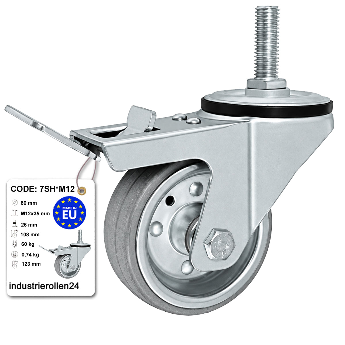 Metall-Gummiräder mit Befestigungsstift und Bremse Lenkrollen  Ø80 mm Code: 7SH*M12