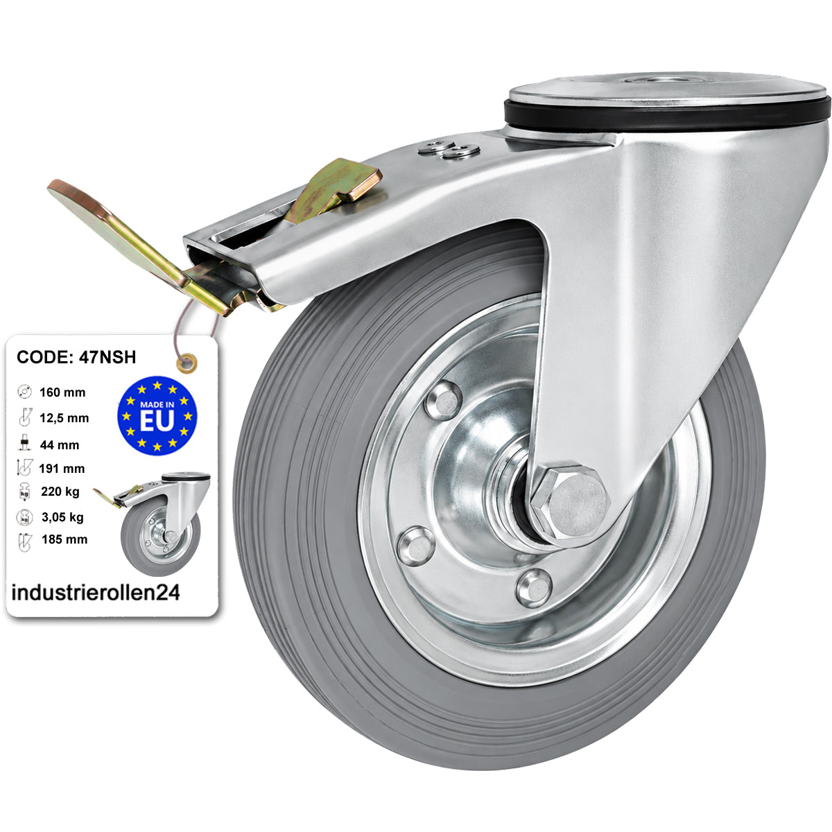 Metall-Gummiräder mit Befestigungsstift mit Zentralbohrung und Bremse Ø160 mm Code: 47NSH