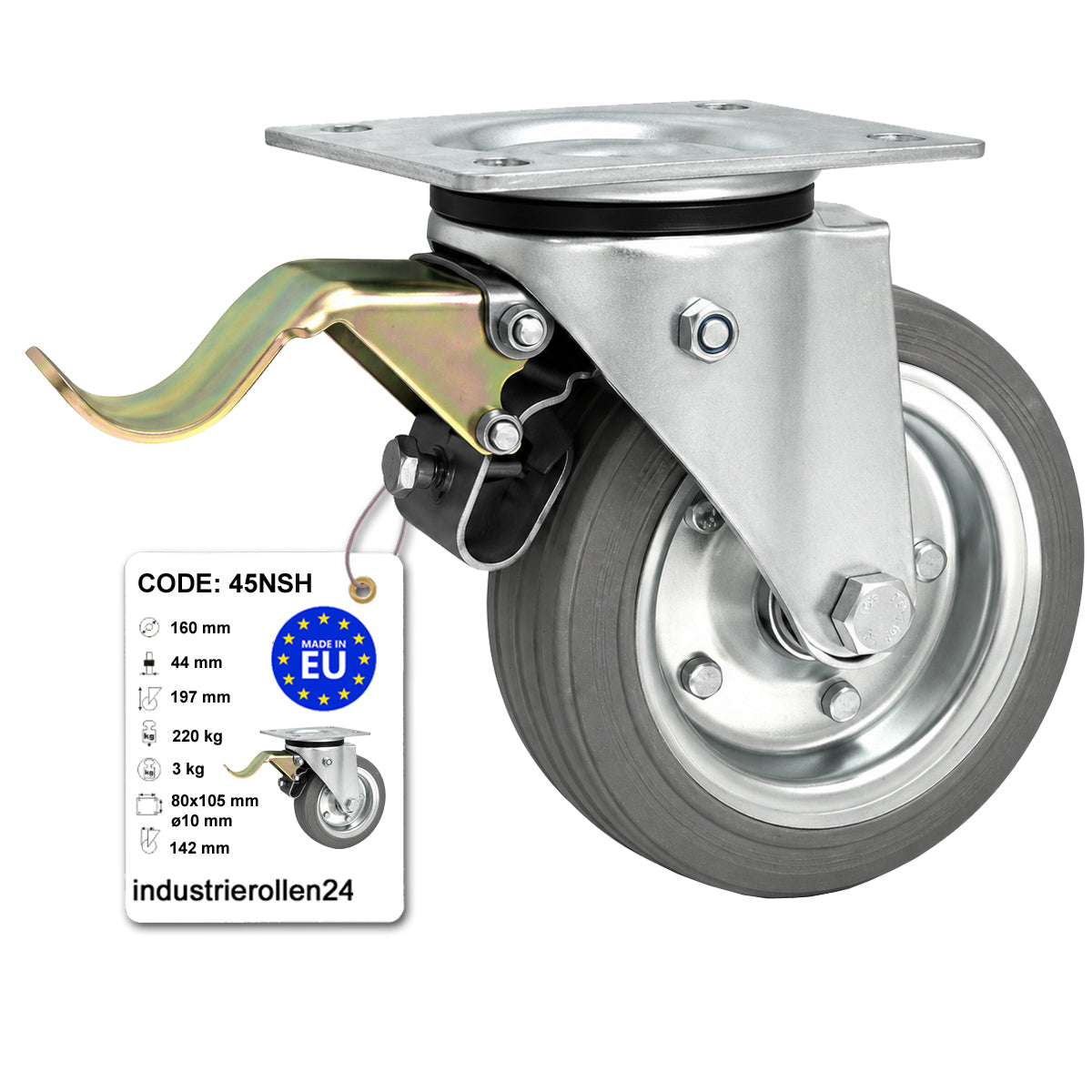 Metall-Gummiräder mit Befestigungsplatte und Bremse Lenkrolle Ø160 mm Code: 45NSH