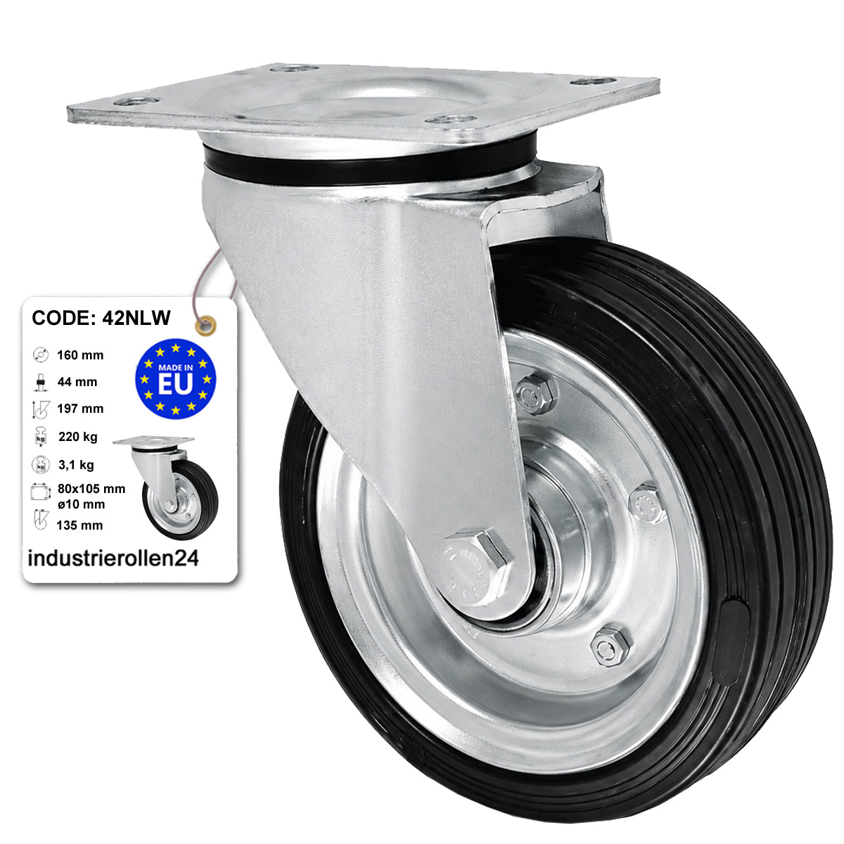 Metall-Gummiräder mit Befestigungsplatte Lenkrolle Ø160 mm mit Platte Code: 42NLW
