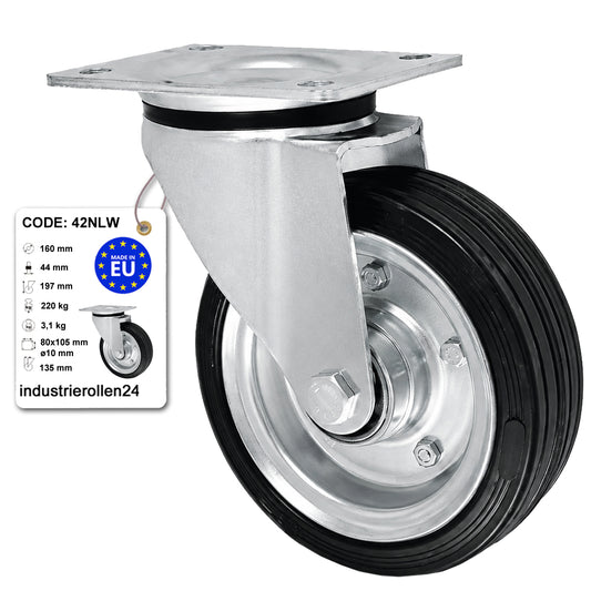 Metall-Gummiräder mit Befestigungsplatte Lenkrolle Ø160 mm mit Platte Code: 42NLW