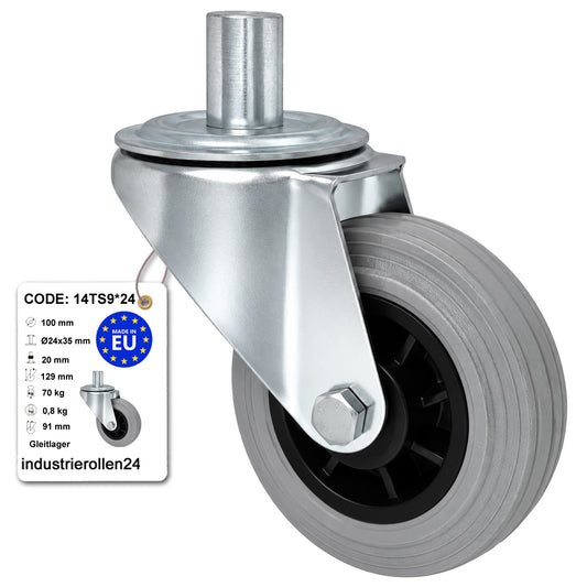 Kunststoff-Gummiräder mit Befestigungsstift Lenkrollen Ø100 mm Code: 14TS9*24