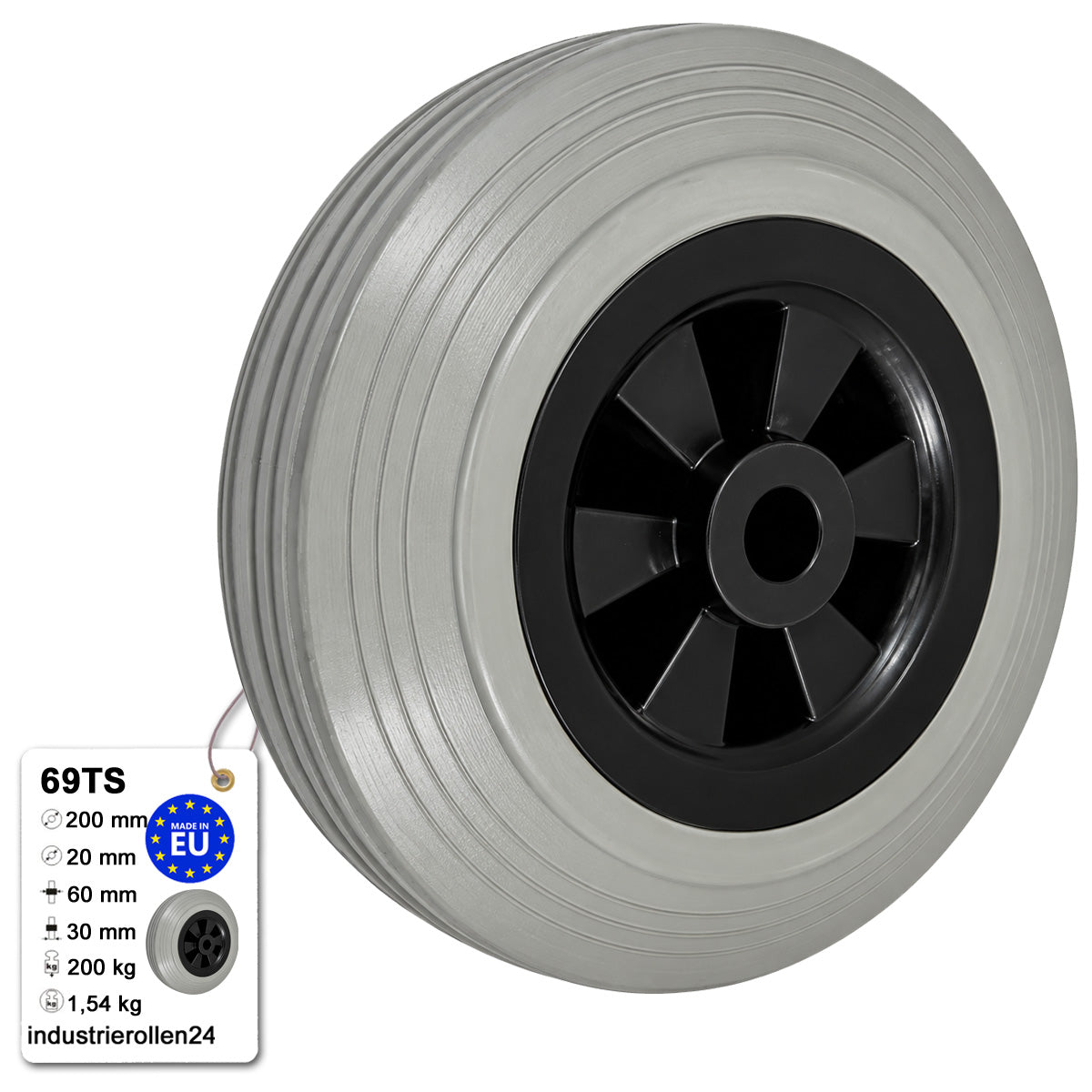 Vollgummi Rad Ø 200 mm mit Polypropylen-Felge Industrie Gummirad Code: 69TS
