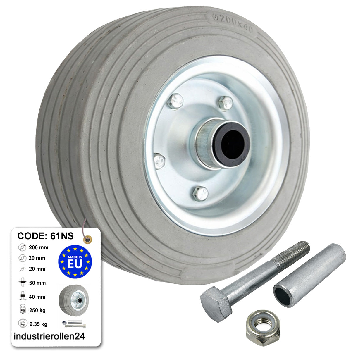 Metall-Gummiräder 200 mm mit Montage-Set – robuste Räder für Transport & Industrie Code: 61NS