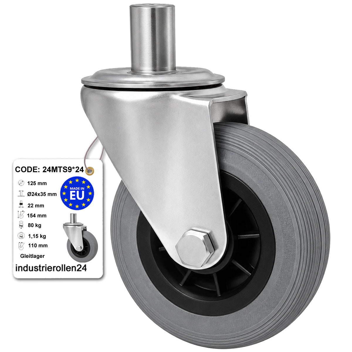 Kunststoff-Gummiräder mit Befestigungsstift Lenkrollen Ø125 mm Code: 24MTS9*24