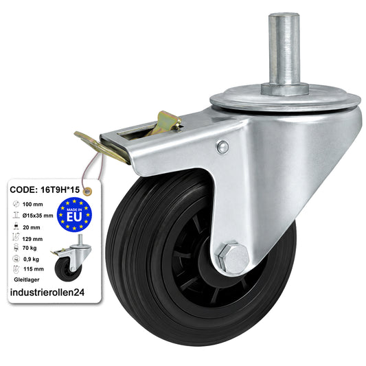 Kunststoff-Gummiräder mit Befestigungsstift und Bremse Lenkrollen  Ø100 mm Code: 16T9H*15