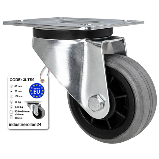 Kunststoff-Gummirrad mit Anschraubplatte Lenkrolle Ø80 mm mit Platte Code: 3LTS9