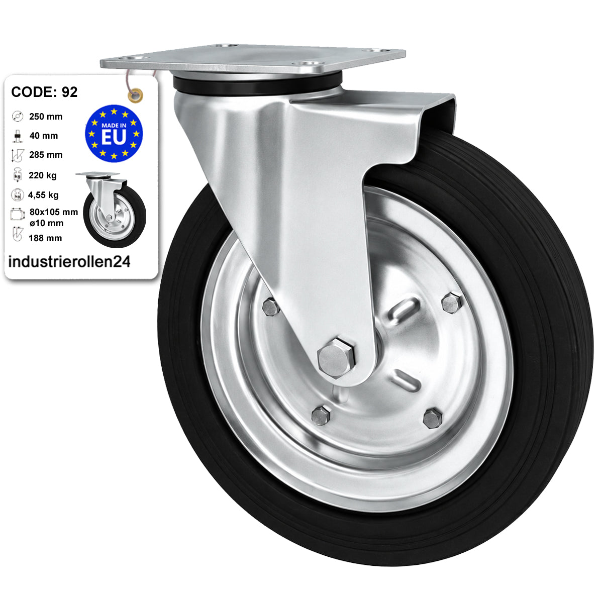 Metall-Gummiräder mit Befestigungsplatte Lenkrolle Ø250 mm mit Platte Code: 92