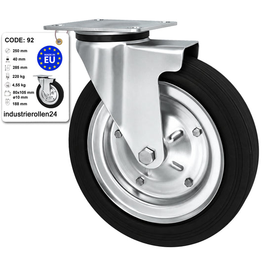 Metall-Gummiräder mit Befestigungsplatte Lenkrolle Ø250 mm mit Platte Code: 92
