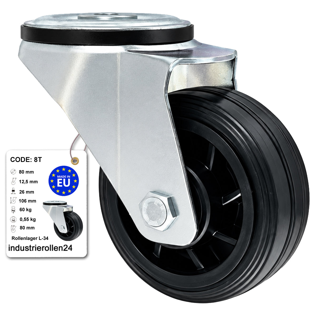 Kunststoff-Gummiräder mit Befestigungsstift mit Zentralbohrung Ø80 mm Code: 8T