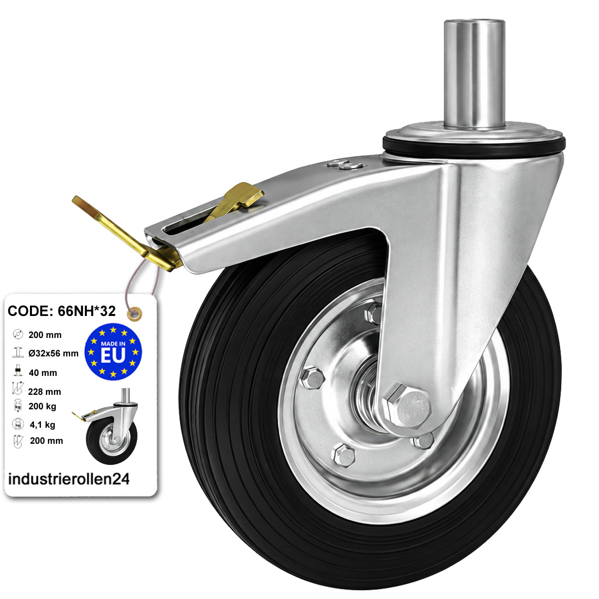 Metall-Gummiräder mit Befestigungsstift und Bremse Lenkrollen  Ø200 mm Code: 66NH*32
