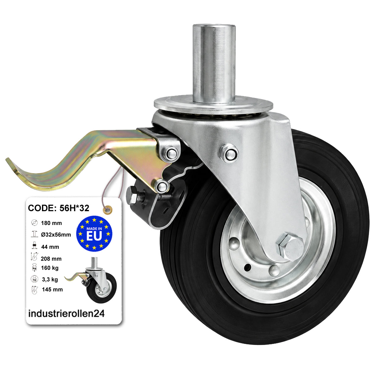Metall-Gummiräder mit Befestigungsstift und Bremse Lenkrollen  Ø180 mm Code: 56H*32