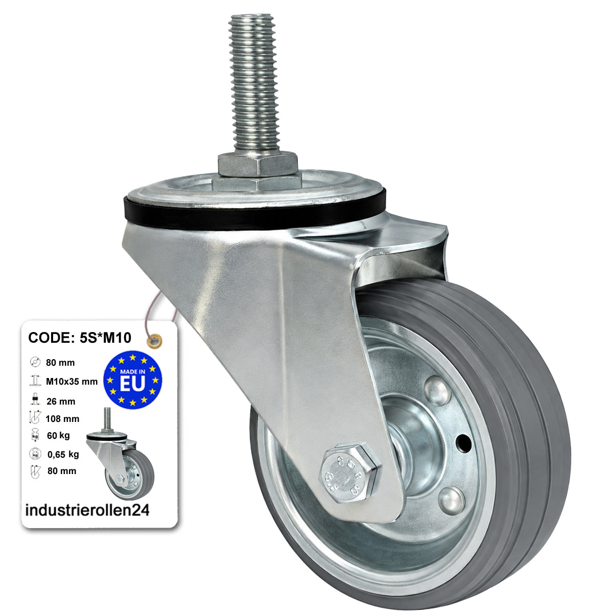 Metall-Gummiräder mit Befestigungsstift Lenkrollen Lenkrollen Ø80 mm Code: 5S*M10