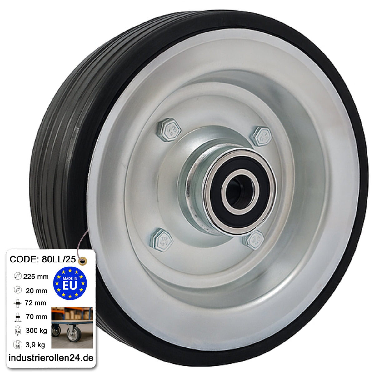 Ersatzrad Ø225 mm – Vollgummi Industrierad mit Kugellager für Transportwagen, Code: 80LL/25