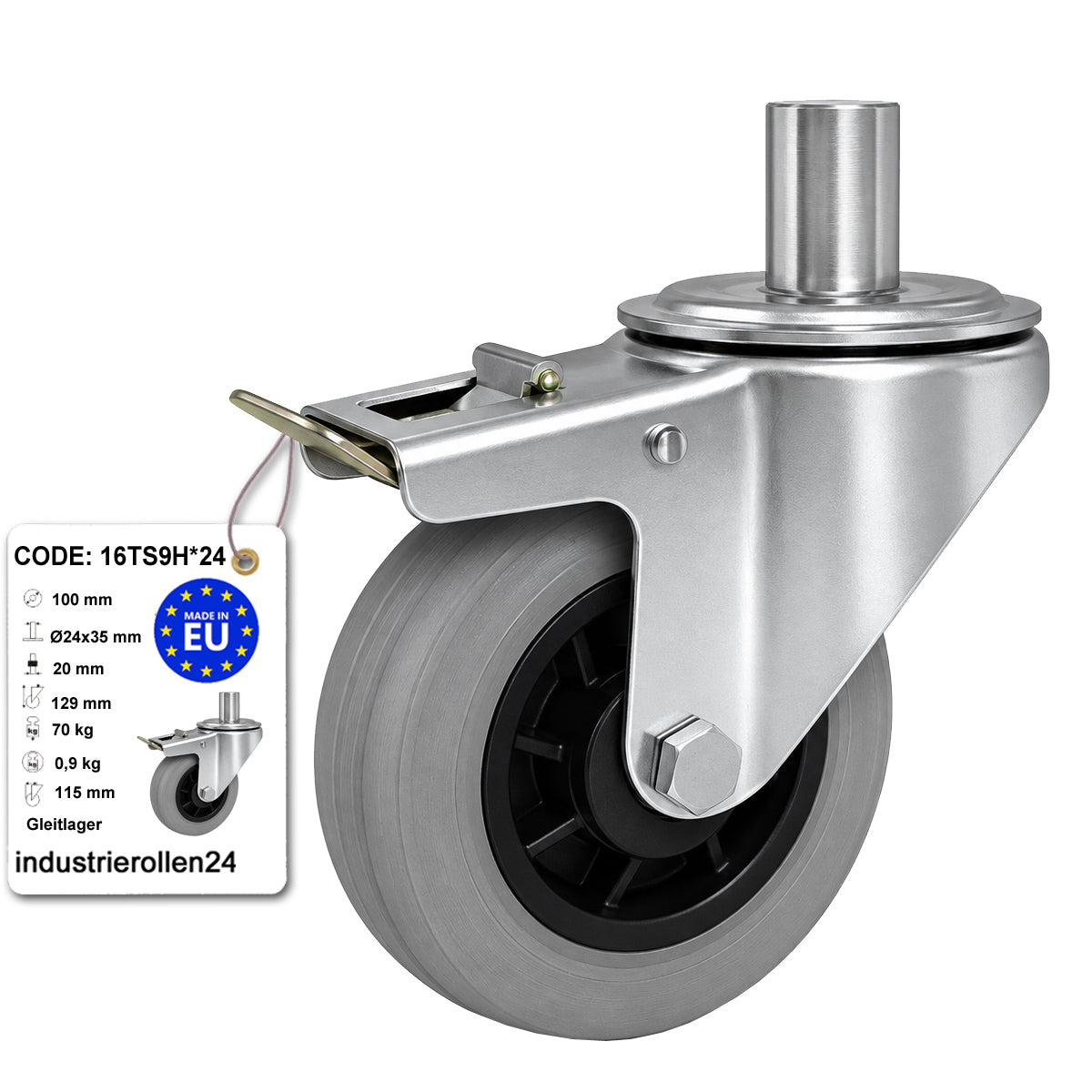 Kunststoff-Gummiräder mit Befestigungsstift und Bremse Lenkrollen  Ø100 mm Code: 16TS9H*24