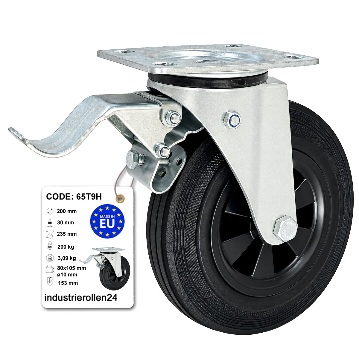 Kunststoff-Gummirrad mit Anschraubplatte und Bremse Lenkrolle Ø200 mm Code: 65T9H